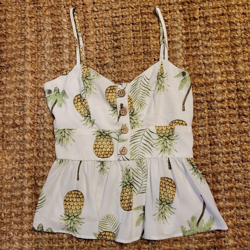 Sexy Pineapple Tropical Button Down Cami Top Boho Botanical Peplum Camisole - Picture 2 of 6